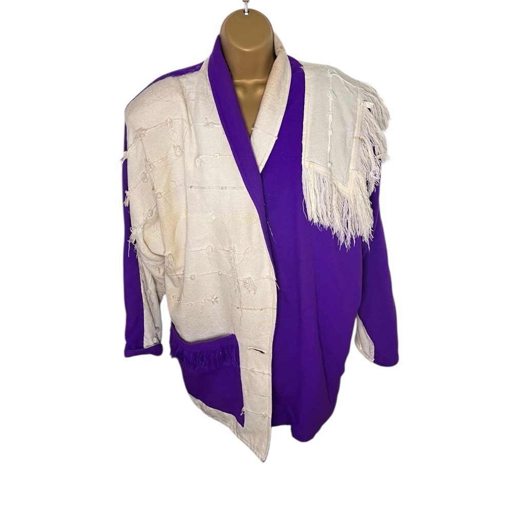 Vtg 80s Crystal Art Jacket Woven Colorblock Fringe Coat Boho Statement Piece XL